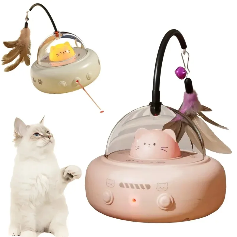 Juguete inteligente para gatos, palo eléctrico UFO para gatos con campana, juguetes de entrenamiento para mascotas, suministros interactivos para gatos con plumas reemplazables