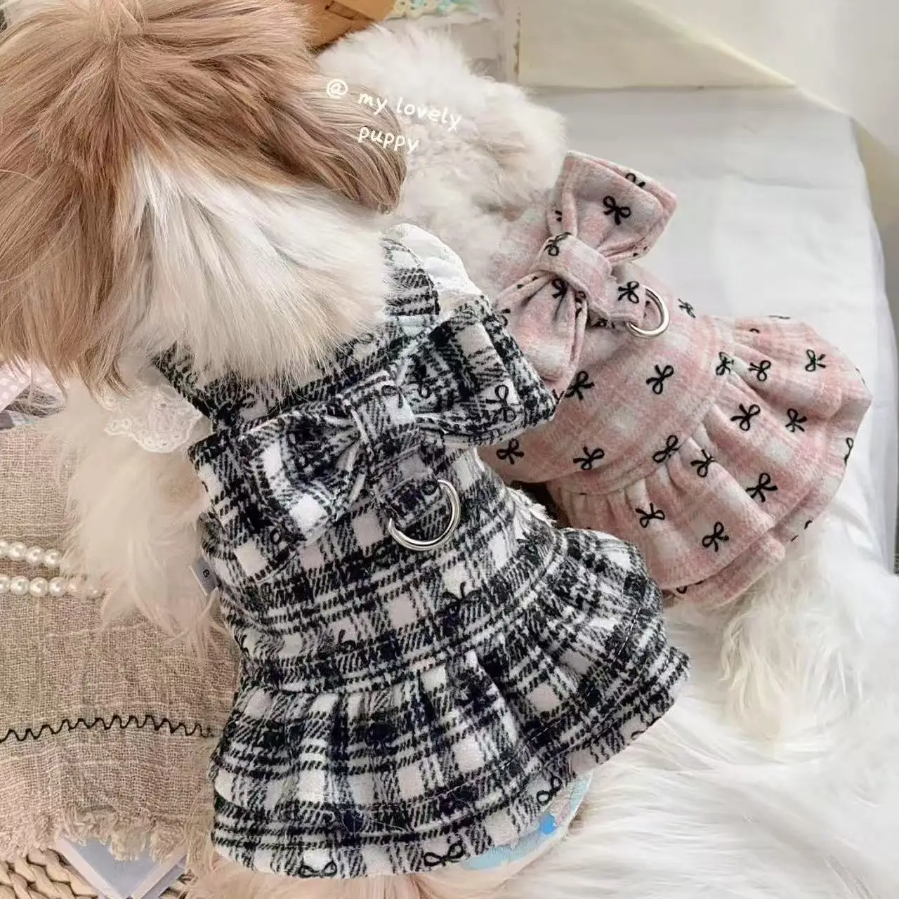 Falda con tirantes y lazo a cuadros para perros pequeños, abrigo cálido para perros con diseño de tracción, ropa de punto para cachorros y gatos, otoño e invierno