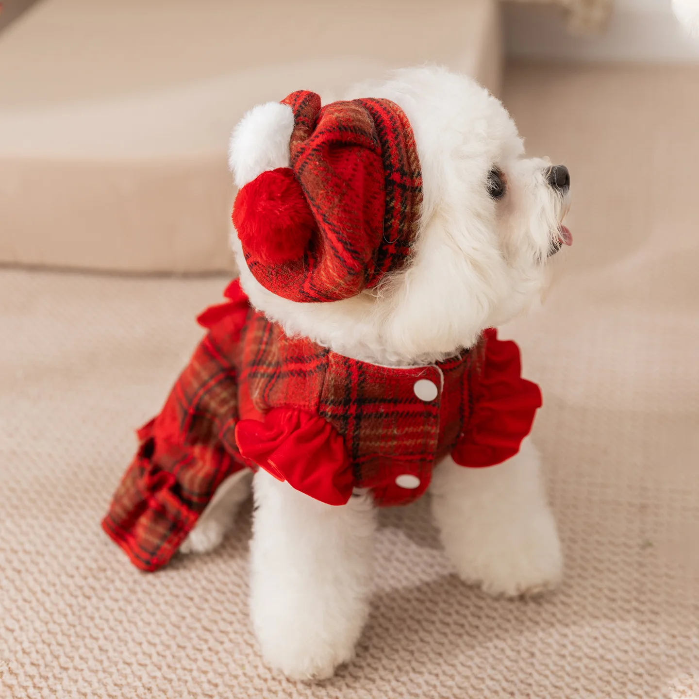 Ropa navideña de invierno para perros, vestido con arnés con capucha y lazo rojo para perros pequeños, Año Nuevo festivo para Bichon - imagen 2