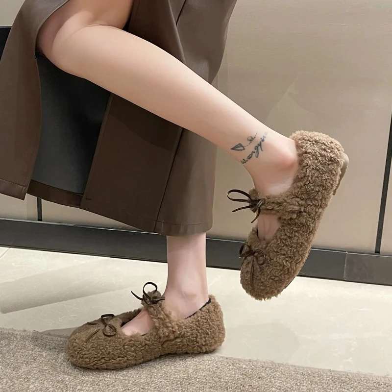 Zapatos planos de Ballet de lana de cordero con lazo para mujer, mocasines cálidos de felpa para invierno, zapatos Mary Jane con punta redonda de piel para mujer - imagen 2