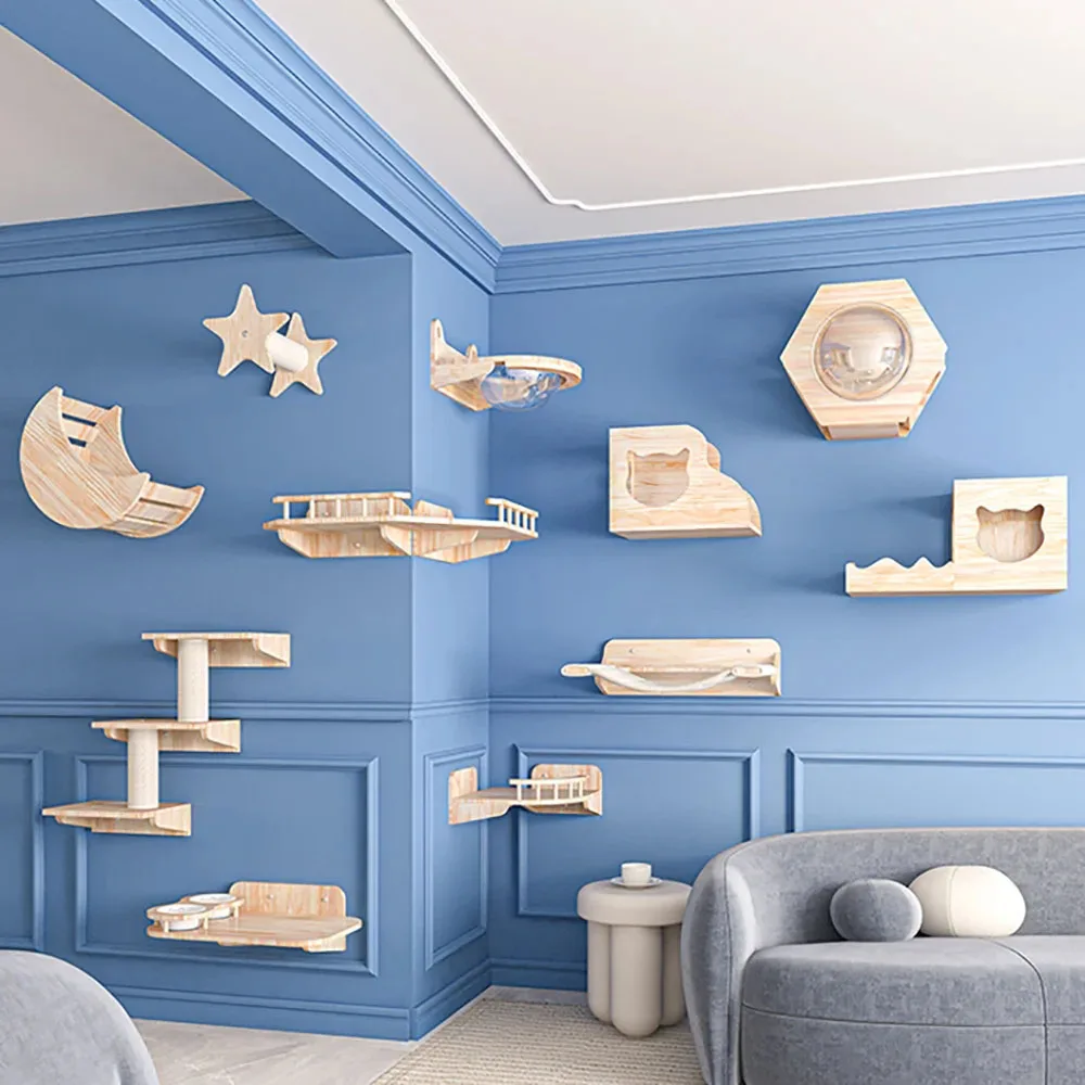 Marco de escalada para gatos de madera maciza montado en la pared, hamaca, poste rascador, estante con plataforma de salto de Sisal, muebles de escalones de escalera