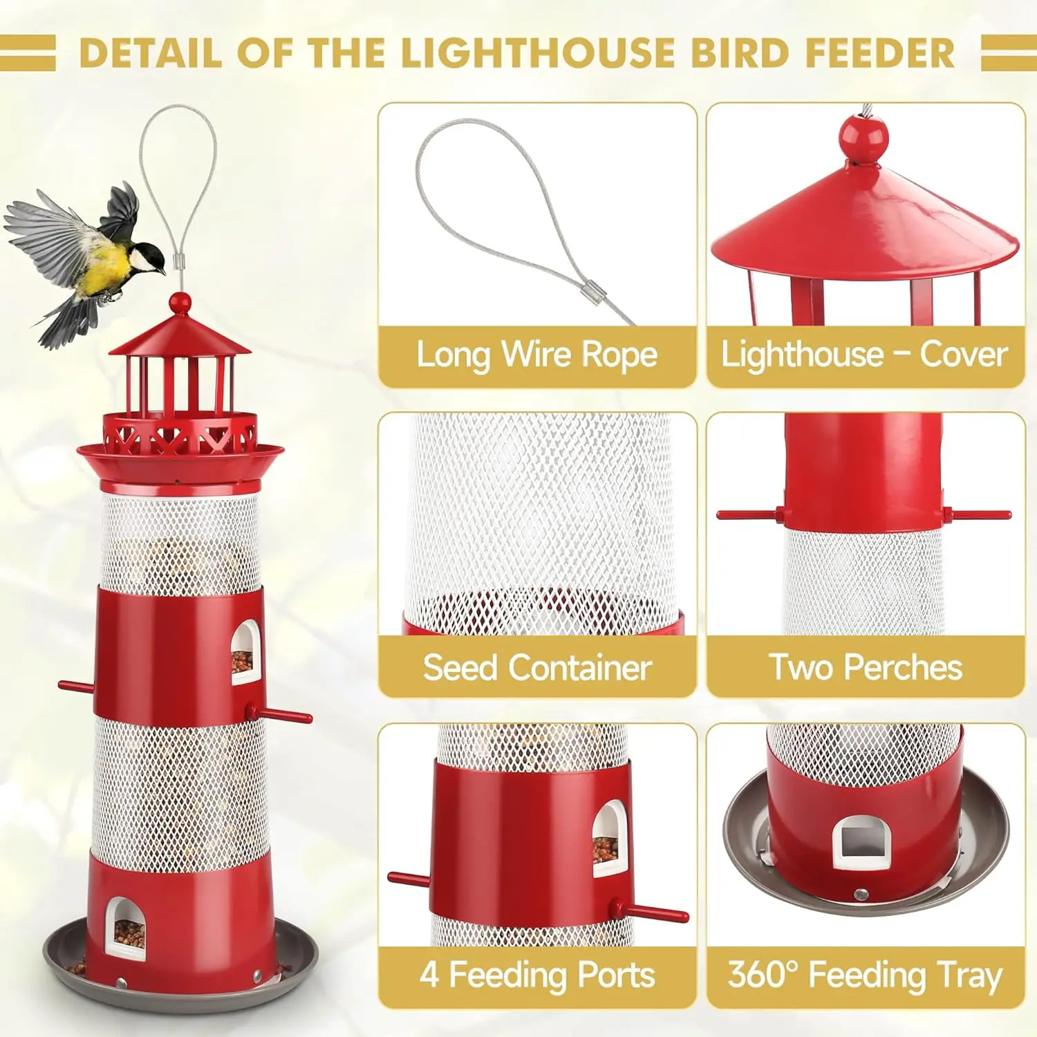 Comederos para pájaros a prueba de ardillas, torre para exteriores, comedero de Metal para pájaros salvajes para colgar en el exterior, perchas de 4 puertos de gran capacidad