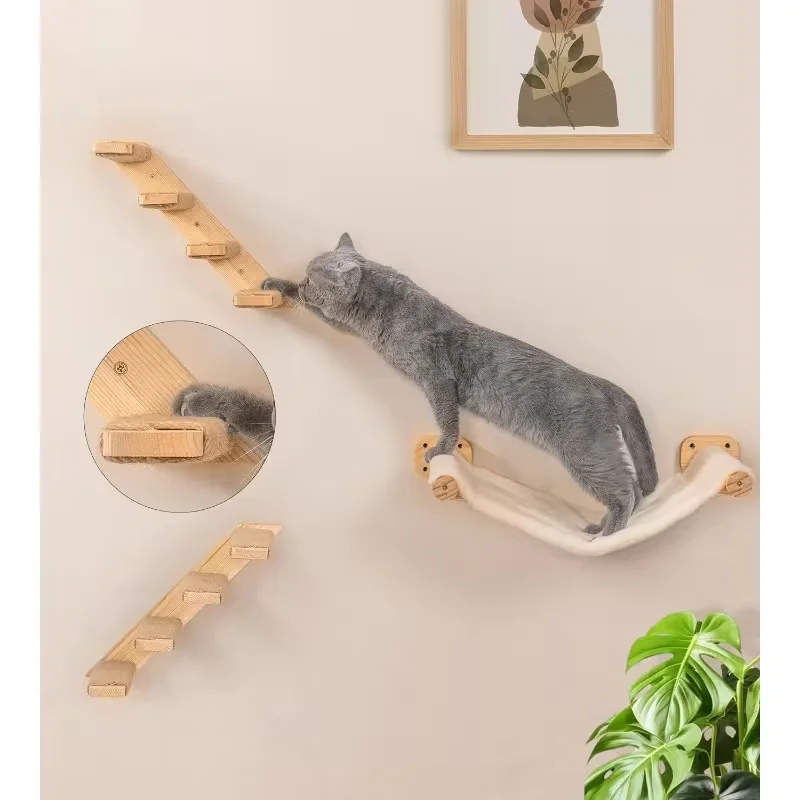 Poste rascador mural para gatos con hamaca de madera – Ahorra espacio - imagen 5