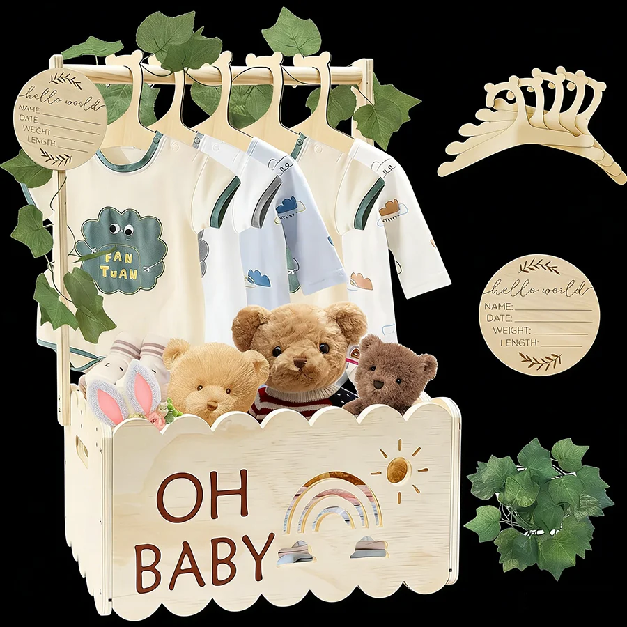 Cesta de madera para baby shower – Regalo multiusos para recién nacido