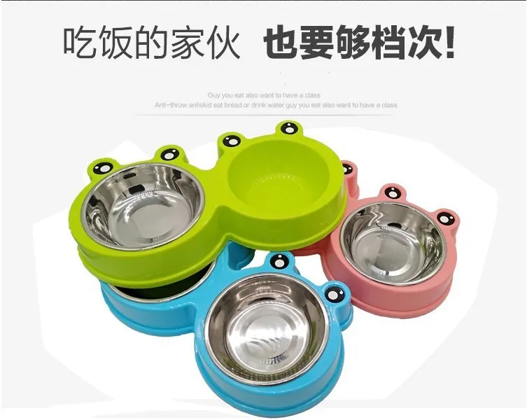 Cuenco para perro de mascota de dibujos animados, cuenco doble de rana de acero inoxidable que reduce el desbordamiento, utensilios de comida para perros - imagen 5