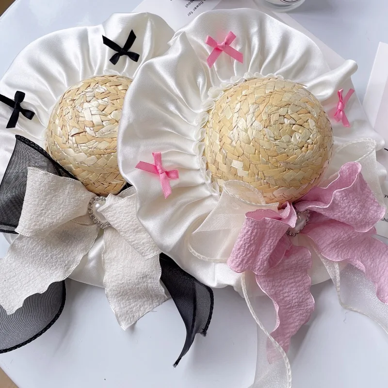 Sombrero con lazo de encaje para mascotas, sombrilla con lazo, sombrero de paja, ropa para perros y gatos, accesorios para sombrero que combinan, accesorios para perros Pomerianos para cachorros - imagen 2