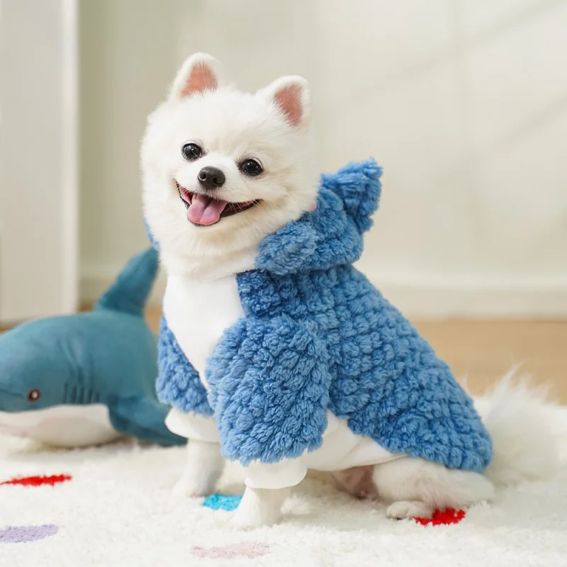 Sudadera con capucha cálida para cachorro, disfraz divertido para perro, disfraz de tiburón, ropa de lana para Cosplay, ropa de invierno para perro, abrigos para perro salchicha Bichon Chihuahua, jerséis - imagen 3