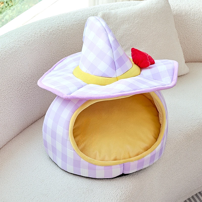 BOOTEELY Sombrero morado Nido Casa para gatos Nido de invierno cerrado de felpa cálido Acogedor cojín extraíble lavable Fondo antideslizante Interior - imagen 4