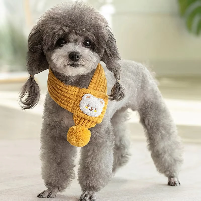 1 Uds. Bufanda tejida para perro, bufandas de punto cálidas para invierno con decoración de cuello de bola, accesorios para perros, pañuelo tejido, bufanda para cuello