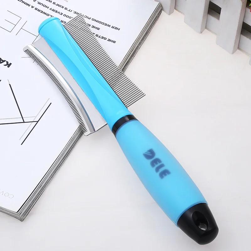 Peine para eliminar pelos de perro y gato, herramienta de aseo de doble propósito, azul y rosa, accesorios para mascotas - imagen 4