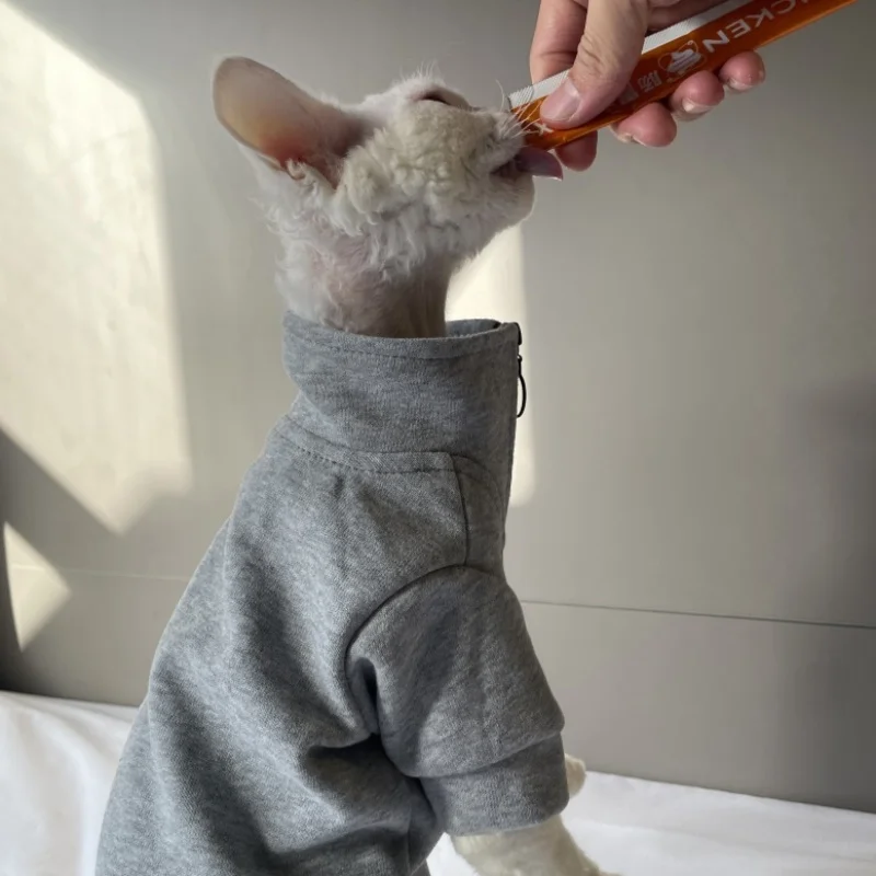High-neck Grey Zip-up Sweatshirt for Sphinx Cat in Winter Warm Coat for Hairless Cat Autumn Spring Soft Loungewear for Devon Rex - imagen 3
