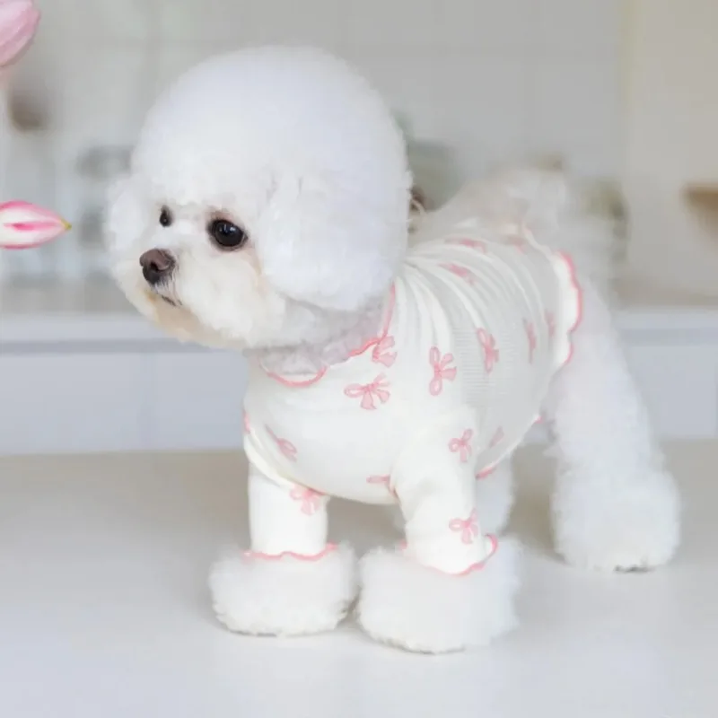 Camisa inferior de invierno con lazo para perro, abrigo con capucha para mascota, Teddy Bichon, gato, Pomerania, ropa para cachorros pequeños, suéter para perros, ropa de invierno - imagen 3