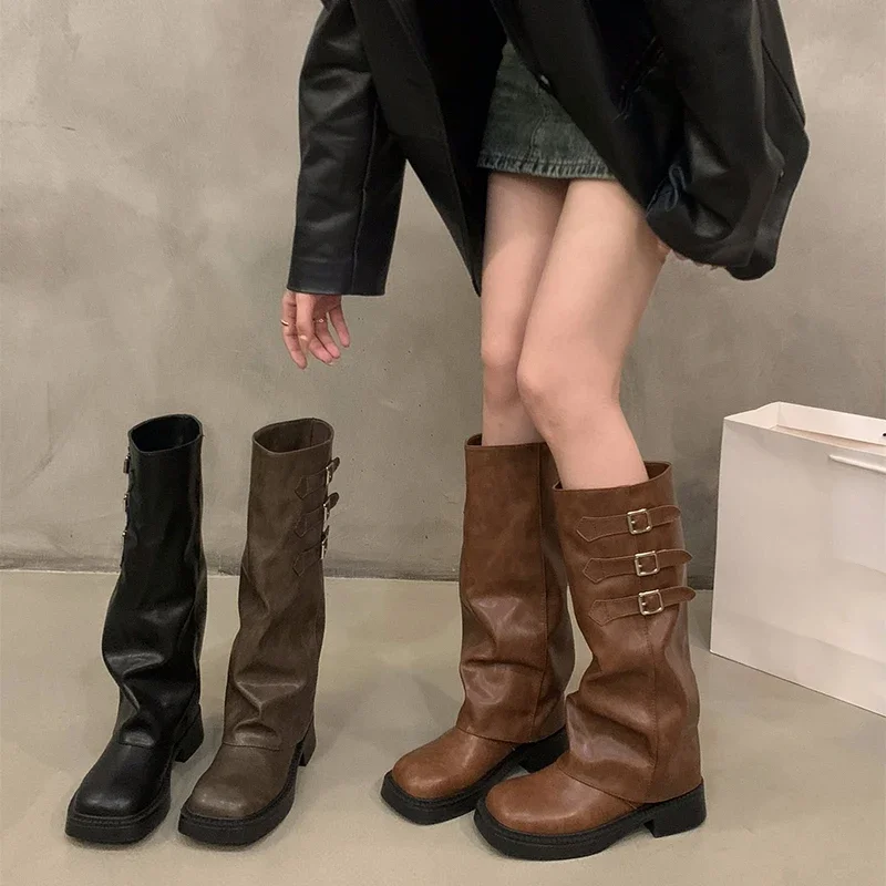 Botas hasta la rodilla de estilo Retro para mujer, botas largas de caballero sin cordones a la moda para otoño e invierno, calzado con tacones para mujer - imagen 2