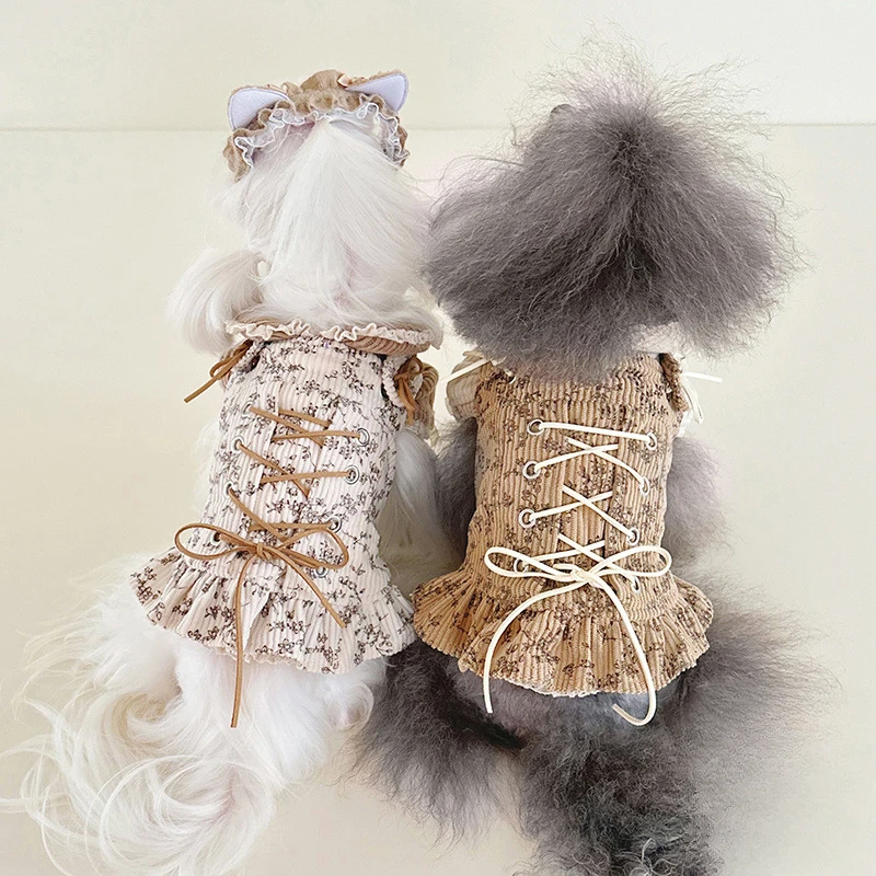 Otoño Invierno encaje a rayas muñeca Collar Base camisa lindo pana chaleco con cordón mangas de burbuja de felpa conjunto de falda con correa para el hombro - imagen 3