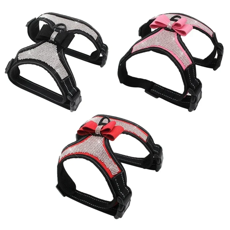 Arnés reflectante de nailon para perros pequeños y medianos, chaleco con lazo y diamantes de imitación, suministros para mascotas - imagen 3