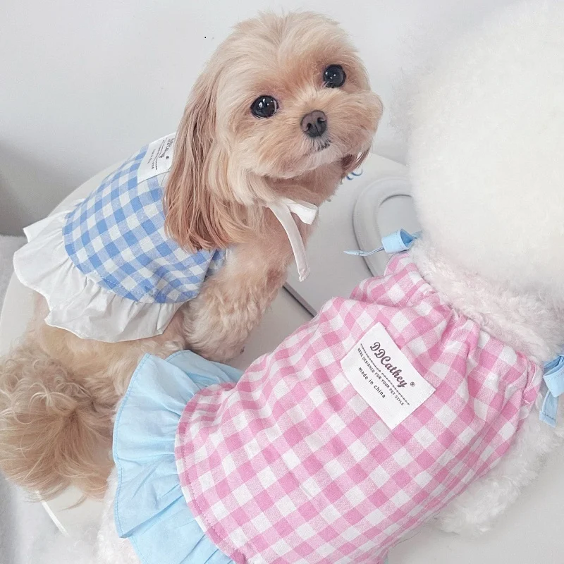 Vestido de princesa para perros, ropa de verano para perros, falda de princesa a cuadros a la moda para cachorros, bonito vestido con tirantes para gatos, chaleco con tirantes para mascotas, trajes para perros - imagen 3