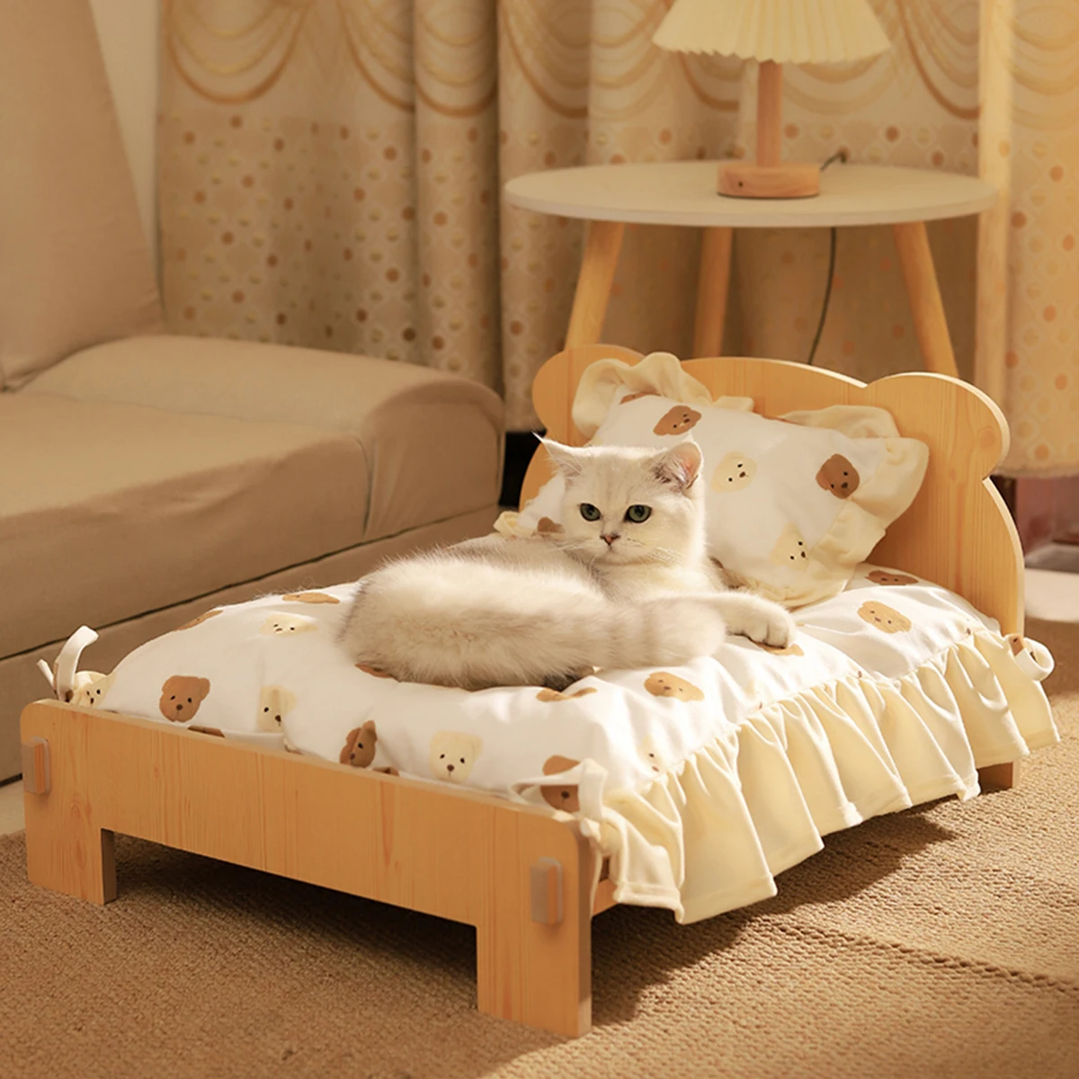 Cama de madera para mascotas, arena para gatos, cama para perros, gatito de aterrizaje Universal para las cuatro estaciones, cuna de peluche lavable extraíble de madera, accesorios para el hogar - imagen 3