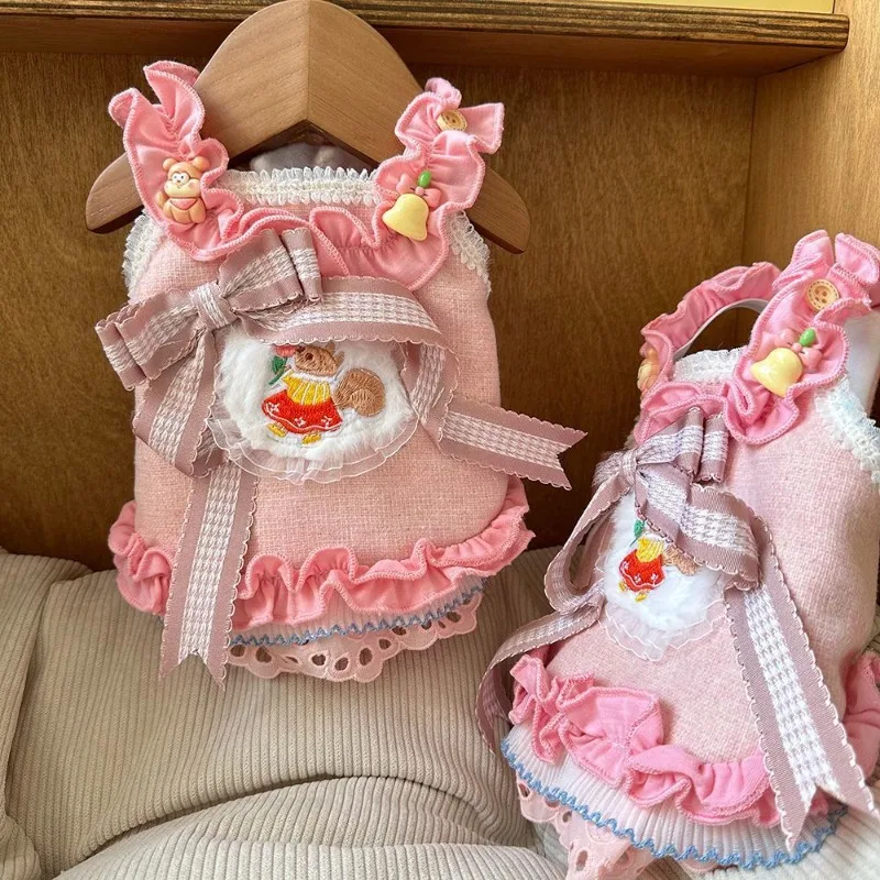 Vestido rosa de otoño/invierno con lazo para cachorros Yorkshire - imagen 3