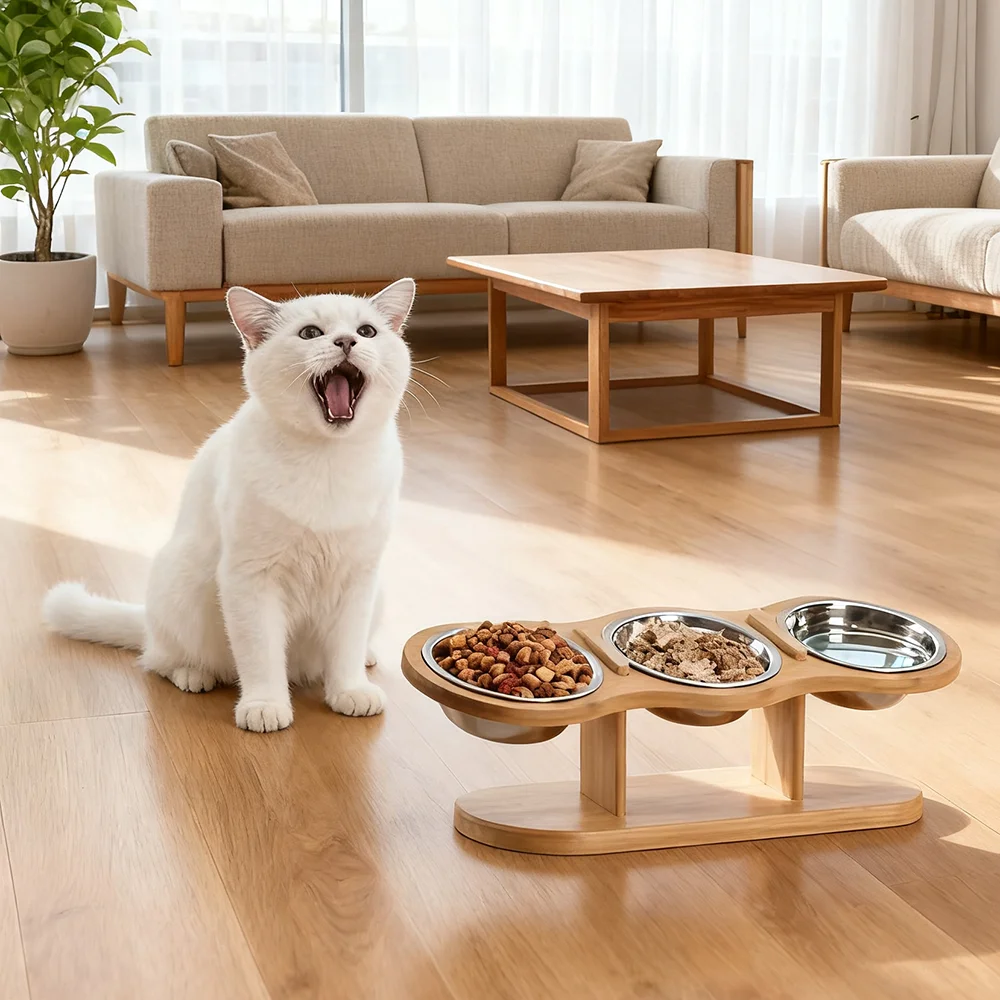 Cuenco de comida para mascotas con 3 tazones de acero inoxidable, estante de madera para cuencos para mascotas, ajustable y desmontable, adecuado para gatos y perros