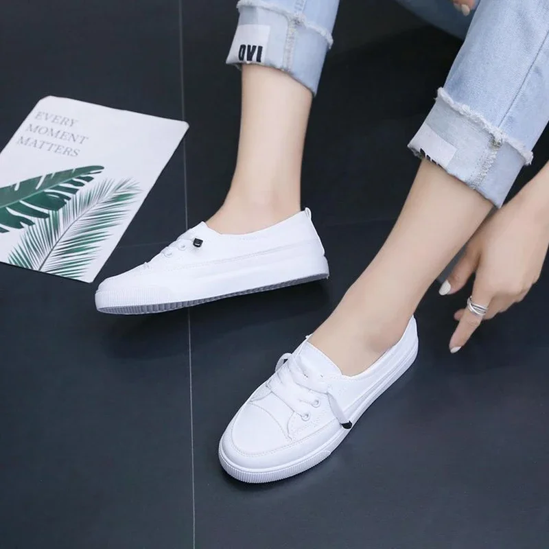 Zapatos Deportivos blancos para mujer, calzado de piel sintética suave, transpirable y antideslizante, de boca baja, estilo universitario, con cordones, 2024 - imagen 4