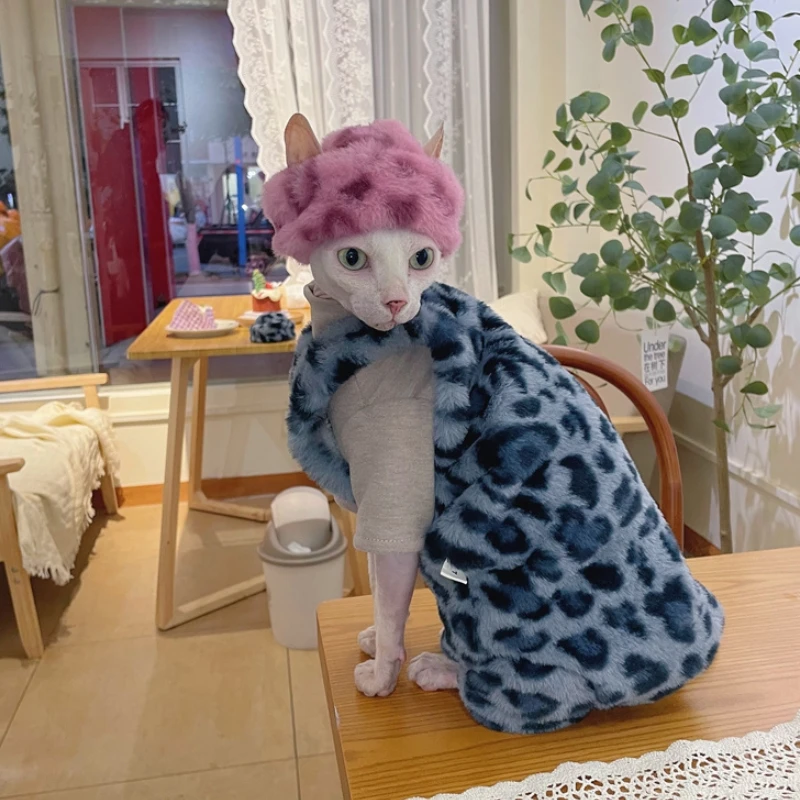 Traje de sombrero de suéter de 4 patas de vellón cálido de invierno para Sphynx Chaleco sin mangas azul grueso para gato Abrigo de leopardo suave para Devon Rex - imagen 3
