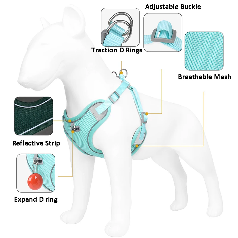 Juego de arnés y correa reflectantes para perros pequeños y medianos, arnés de malla para cachorros y gatos, chaleco sin tirar, correa para el pecho para Pug, accesorios para perros - imagen 3