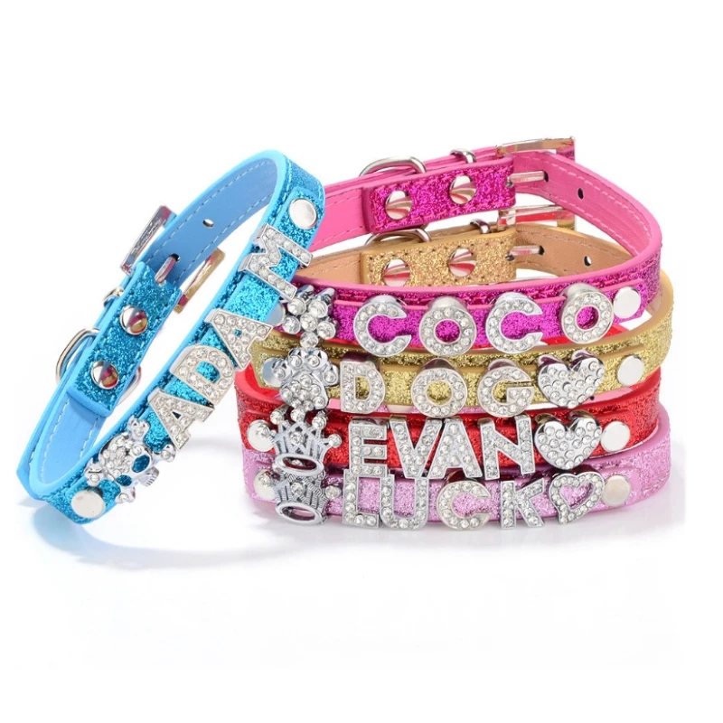 Collares para perros con nombre DIY, accesorios para perros, cuero con diamantes de imitación ostentosos, etiqueta de nombre personalizada, Collar para mascotas para gatos pequeños, perros, Chihuahua español - imagen 4