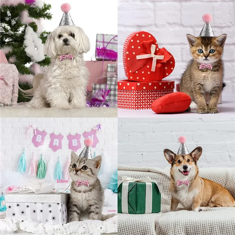 Gorro de cumpleaños y navidad con lazo, lentejuelas para gatos, perros