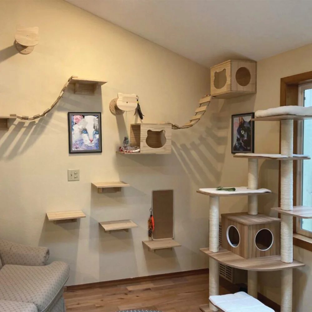 Muebles de pared para gatos, estantes de escalada montados en la pared, escalera de escalones, poste rascador de Sisal, cama y casa, accesorios para interiores para gatos