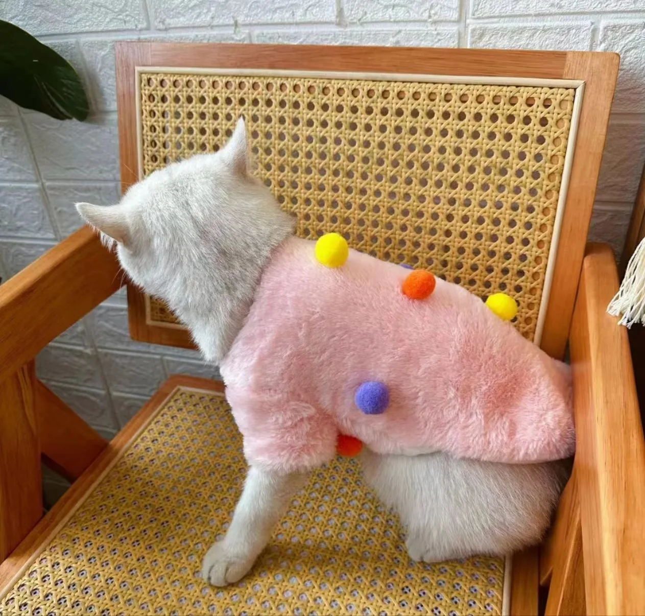 Abrigo de felpa para mascotas, ropa para gatitos con bolas de piel para mascotas, abrigo de bola de colores de felpa para otoño e invierno, ropa para perros pequeños, ropa para cachorros - imagen 3