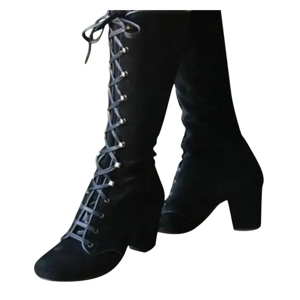 2024 botas negras, zapatos de mujer hasta la rodilla, botas informales Vintage Retro a media pantorrilla con cordones, zapatos de tacón grueso - imagen 3