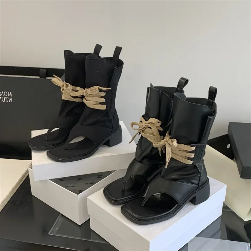 2025 otoño Retro altura gruesa Clip Toe chanclas tacones bajos diseño botines sandalias mujer con cordones zapatos romanos - imagen 2