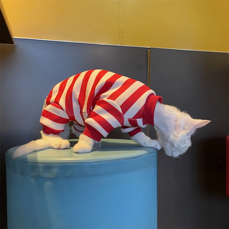 Sudadera a rayas de cuatro patas para gato esfinge, disfraces navideños cálidos rojos para gatos, camiseta interior de lana gruesa para gatitos en invierno - imagen 3