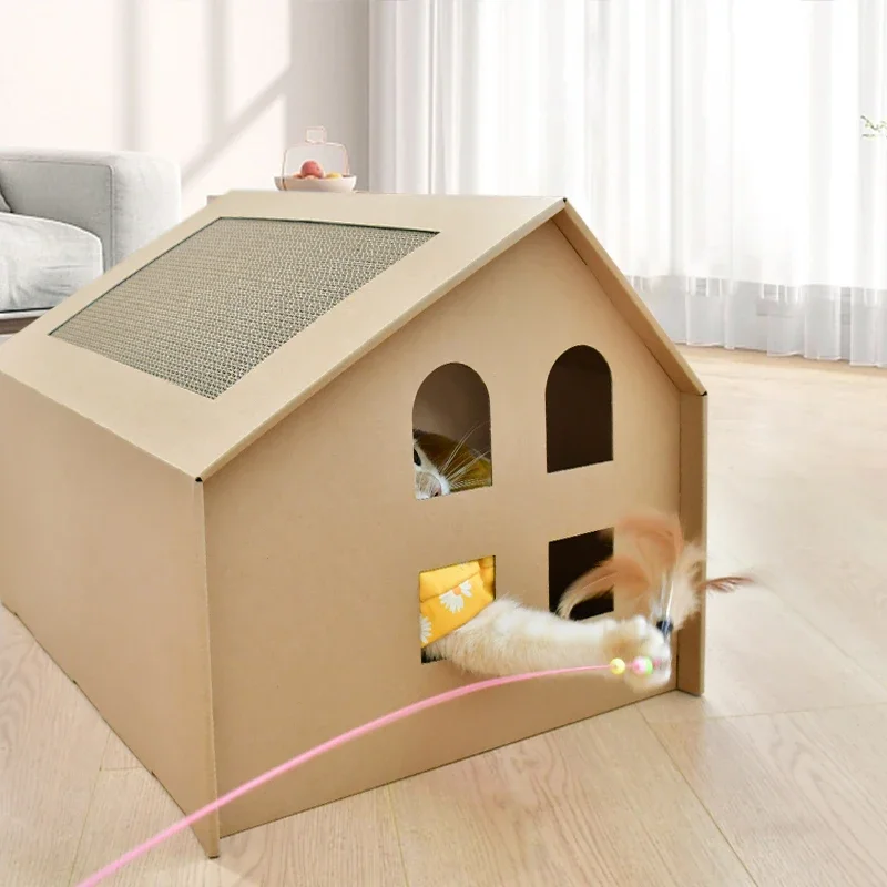Casa de cartón para gatos con almohadillas para rascar, casa de juegos para gatos de interior, caja rascadora corrugada, juguete para rascar gatos - imagen 4