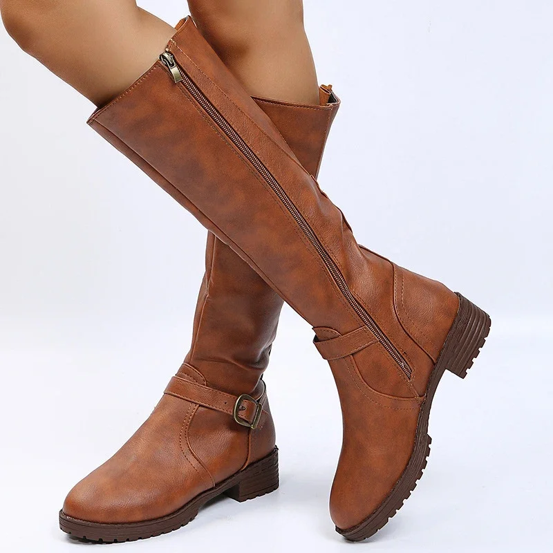 Botas hasta la rodilla Vintage marrones para mujer, botas largas con plataforma de tacón bajo de talla grande, botines cálidos de cuero Pu con cremallera para otoño e invierno - imagen 3