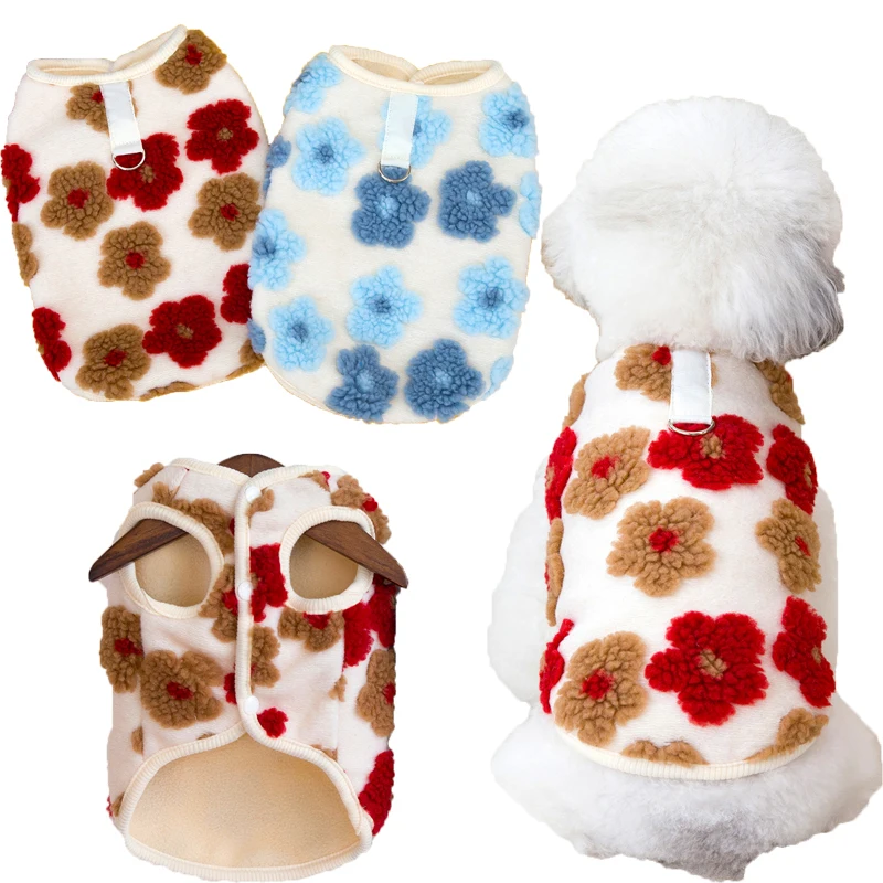 Ropa de lana para perros, chaleco cálido de invierno, chaqueta para perros con patrón de flores 3D, ropa para mascotas azul y roja, abrigo, chaqueta para perros pequeños Chiwawa L
