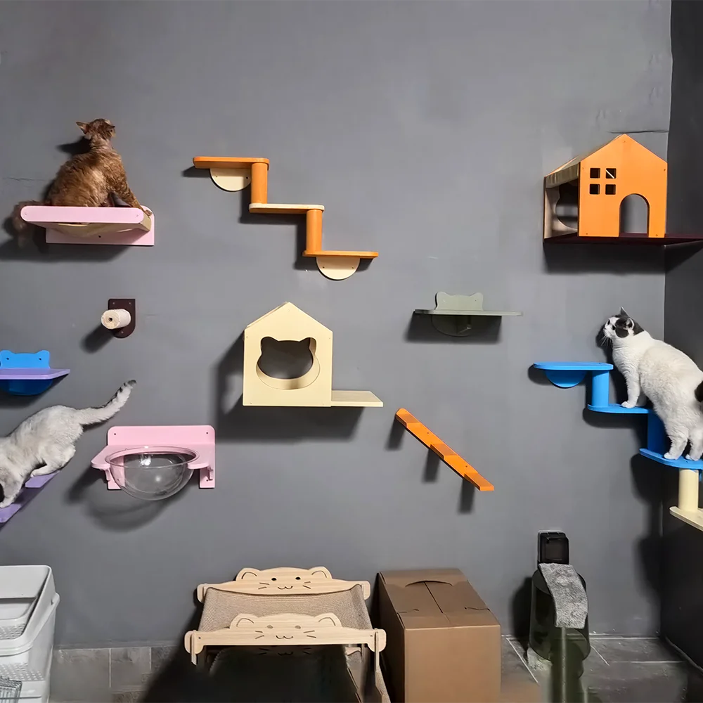 Estantes de pared para gatos con poste rascador de 4 escalones, cama tipo hamaca, muebles de escalada de madera para jugar en interiores, estante esquinero para escalar gatos