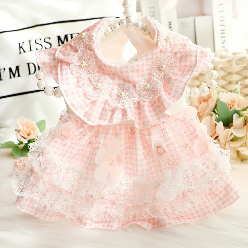 Vestido a cuadros de flores de encaje para mascotas, vestido fino de princesa para gatos, tracción de sirvienta, Top de peluche para perros pequeños, vestidos para cachorros pequeños