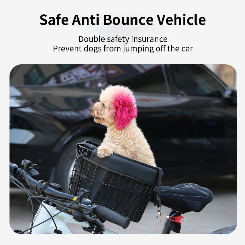 Cesta delantera de bicicleta para perros y gatos, soporte de Metal, correa de seguridad y portador de mascotas con forro de esponja, accesorio de barra transversal de ciclismo - imagen 2