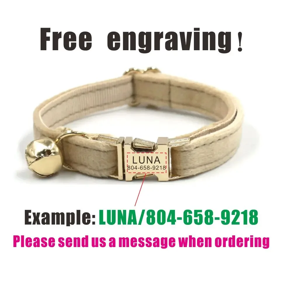 Collar de gato personalizado con grabado gratuito, correa para mascotas a juego, hebilla de Metal de contactos personalizados, Collar para mascotas de terciopelo grueso Beige - imagen 4