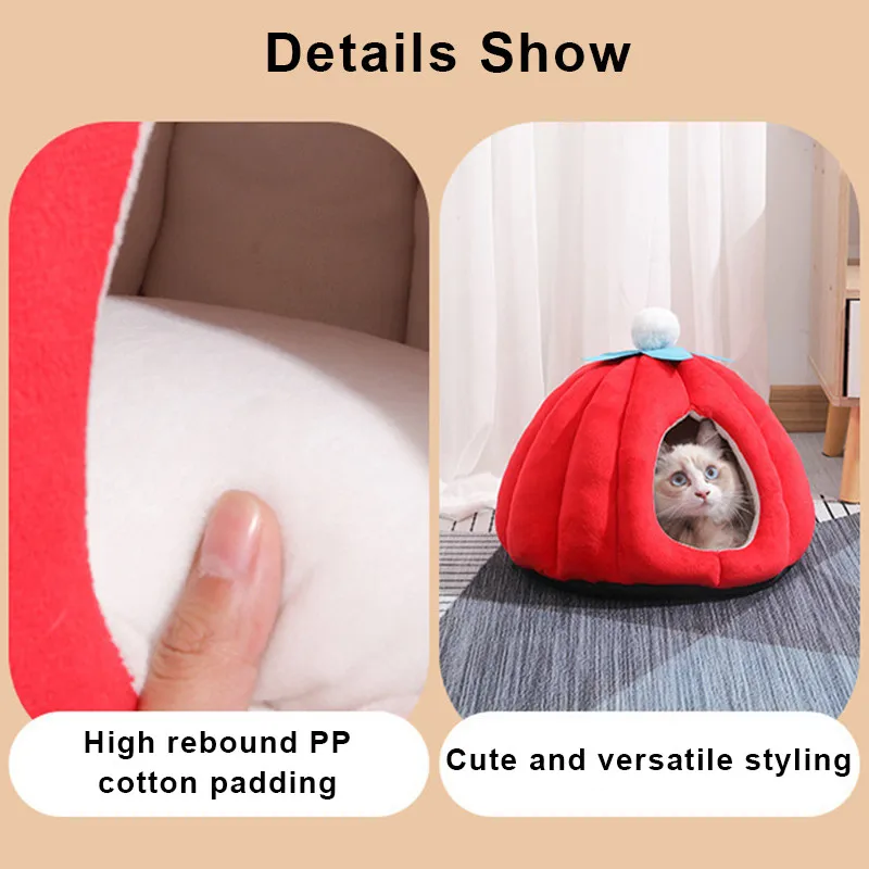 Cama suave y cálida para gato, casa antideslizante con forma de calabaza de dibujos animados, nido interior para mascotas, suministros para mascotas, Invierno - imagen 5