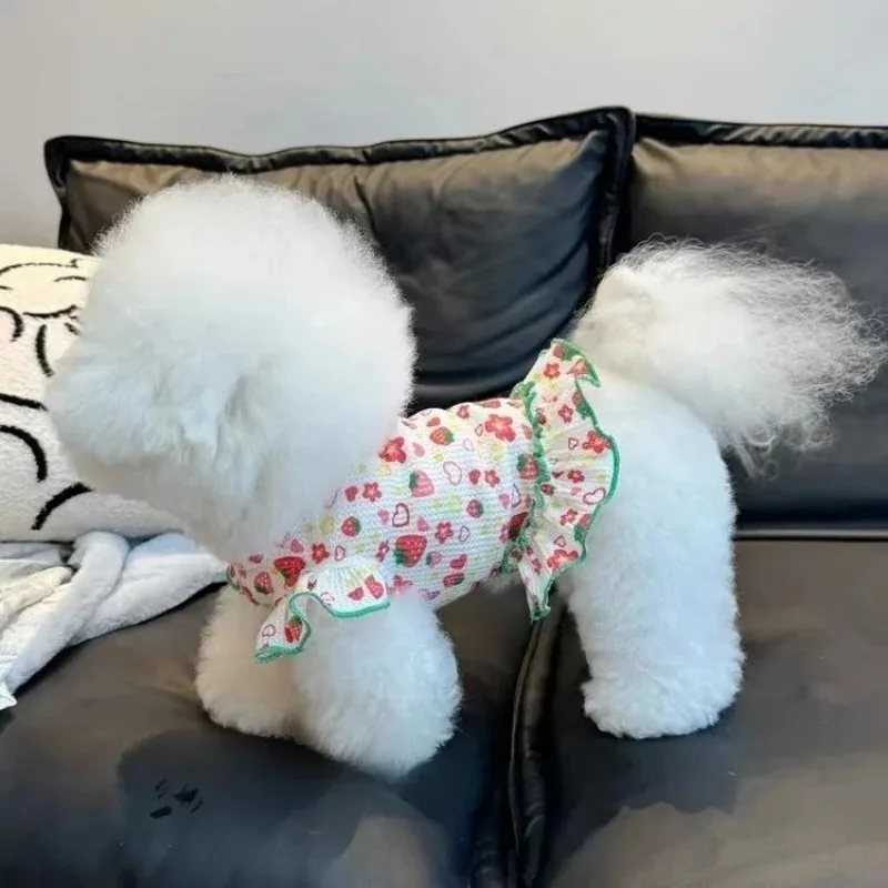 Perro Primavera/Verano fino gofre fresa falda de manga voladora mascota gato oso de peluche Schnauzer camiseta sin mangas fina ropa para cachorros - imagen 3