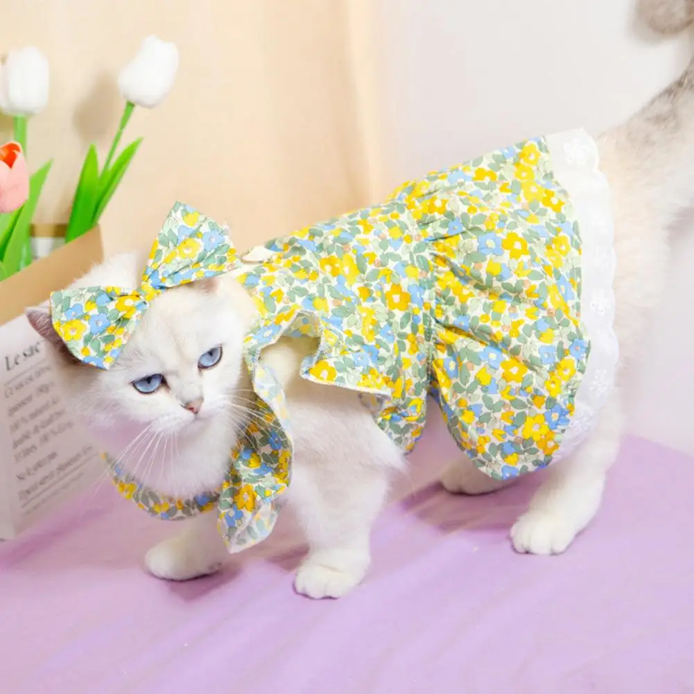 Conjunto de vestido de princesa con mangas para mascotas, estampado de flores, incluye tocado, traje de verano para gato y perro, bonito y elegante - imagen 5