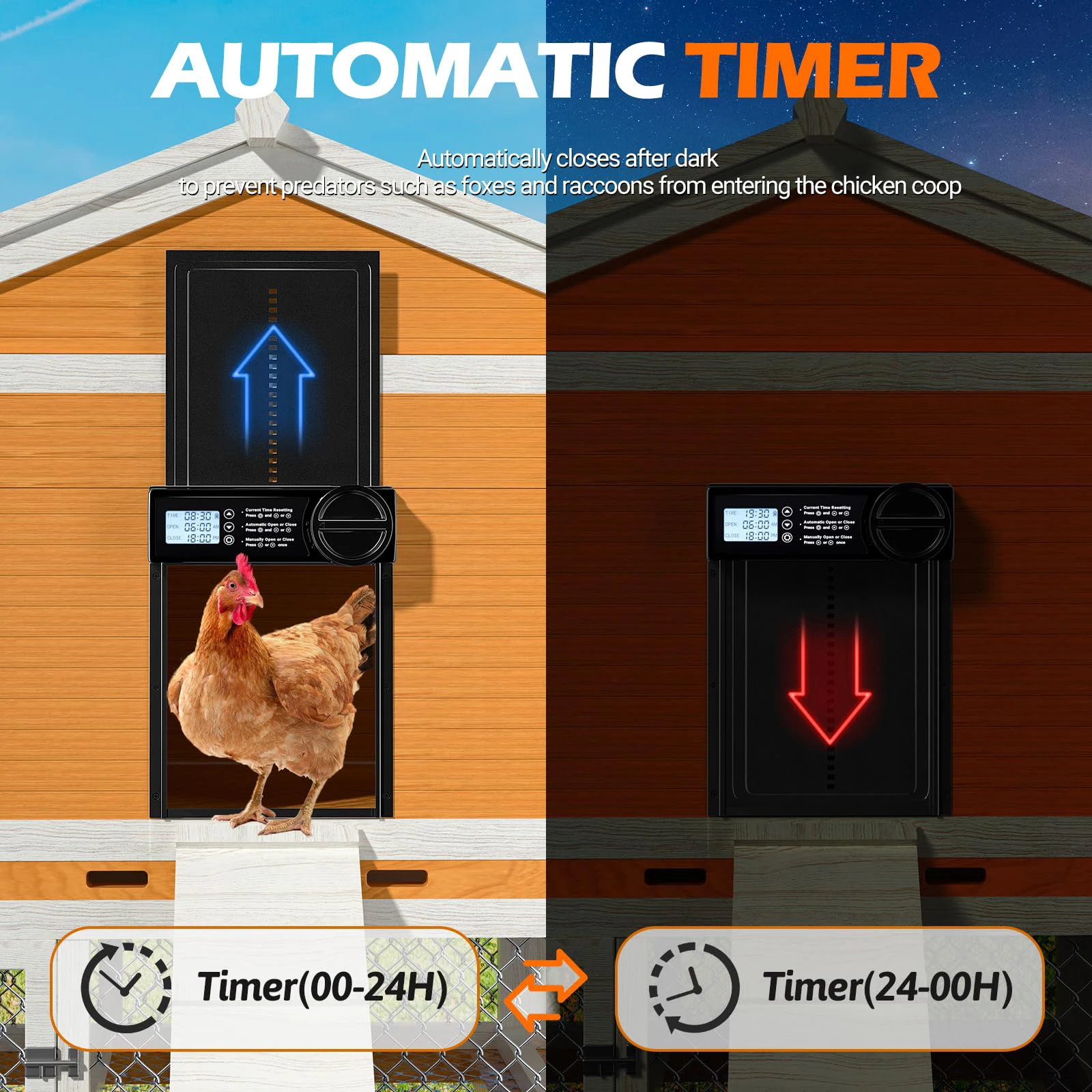Puerta automática para gallinero, puerta de pato alimentada por batería, eléctrica, con temporizador y pantalla LED de Control Manual - imagen 2