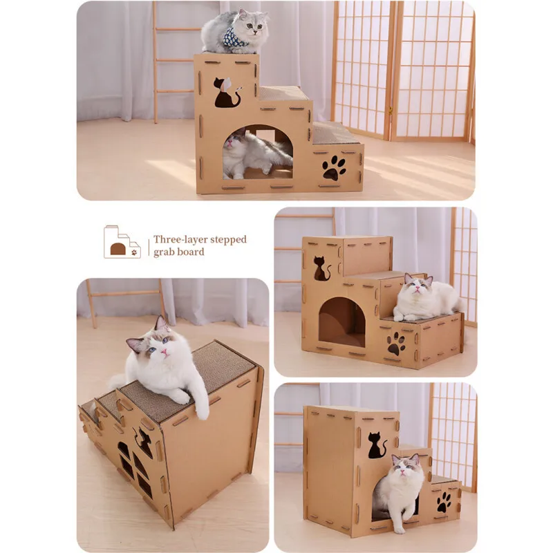 Casa de tres capas multifuncional para gatos con rascador y almohadilla - imagen 4