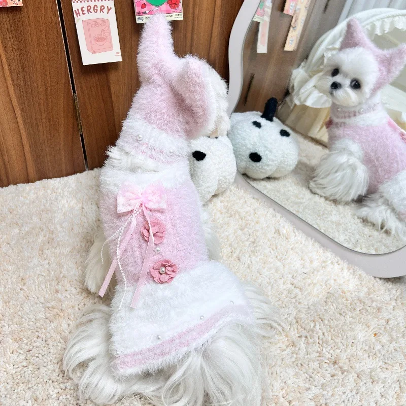 Vestido cálido de peluche para perros con falda de perlas y flores con lazo, chaleco suéter estilo Yorkshire de peluche lindo para perros pequeños y gatos |   Ropa para cachorros - imagen 5