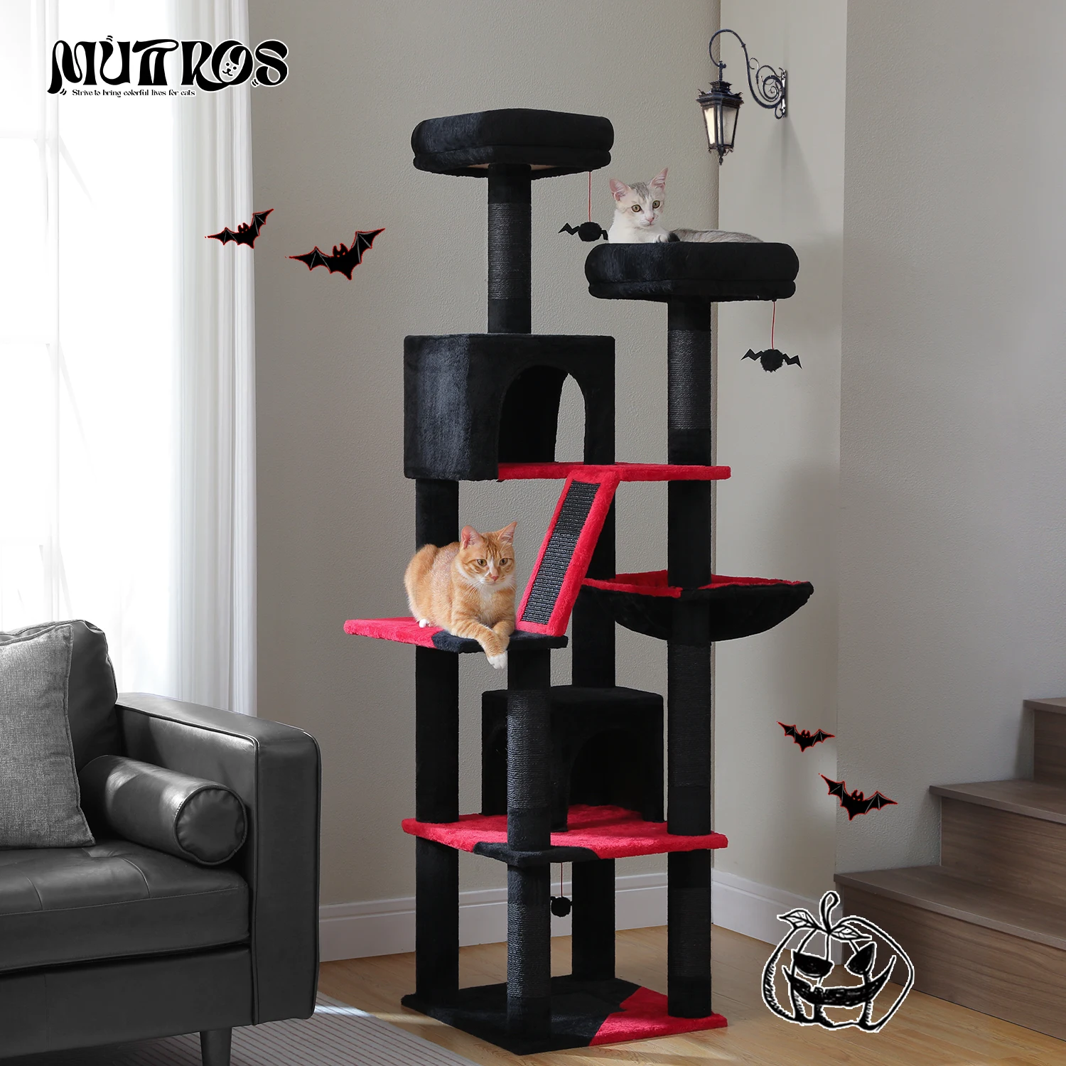 Árbol grande para gatos de H180CM, torre alta de interior para gatos, felpa de varios niveles con poste rascador de Sisal Natural, perchas para condimentos, hamaca - imagen 5