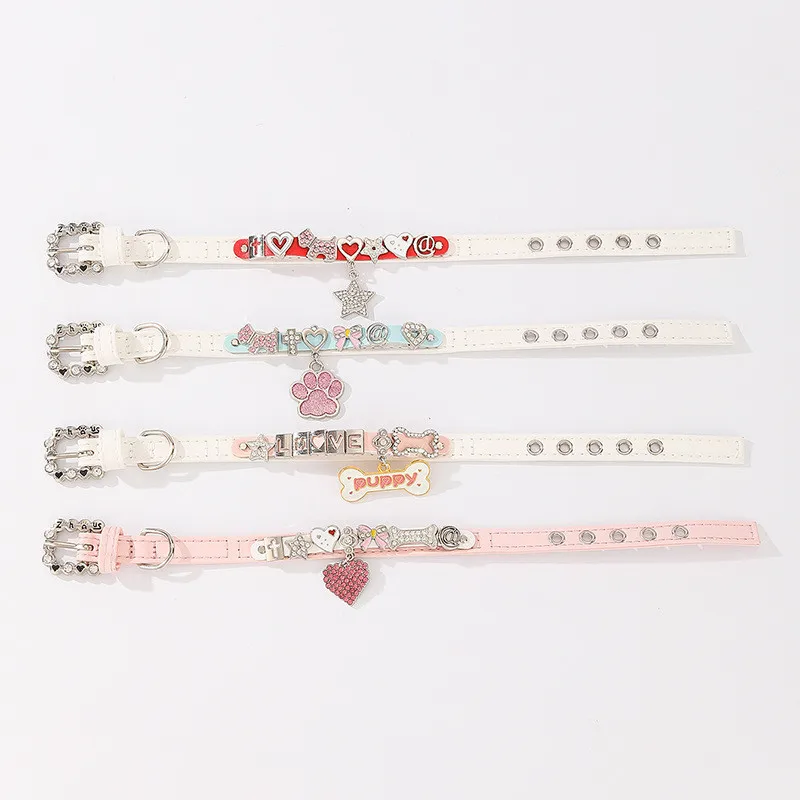 Collar de gato de PU con diamantes de imitación a la moda, Collar de hueso de corazón ostentoso para perro, accesorio de aseo para mascotas con lazo para el cuello de gato - imagen 4