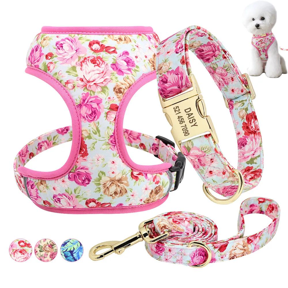 Collar de nailon estampado para perro, arnés, correa de malla, chaleco para cachorro y gato, collares personalizados para mascotas, antipérdida para perros pequeños y medianos, gatos, color rosa