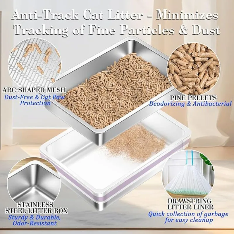 Lavabo de arena para gatos con filtro de acero inoxidable, inodoro abierto desmontable grande, orinales para gatos, tamizante de arena, bandeja de arena para gatos, suministros para mascotas - imagen 3